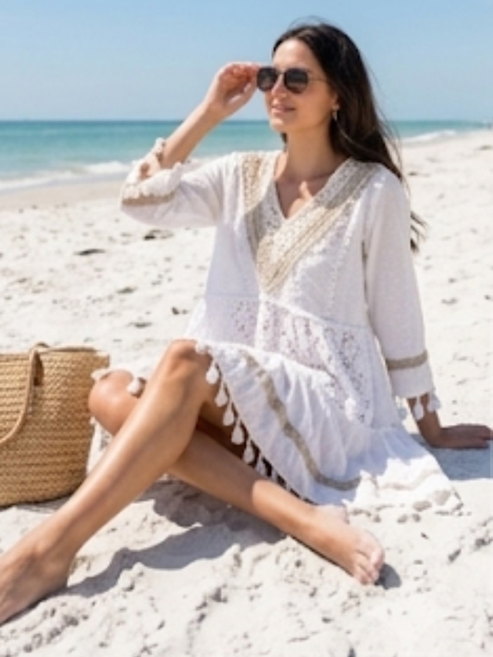 NWOT 100%‎ Cotton Boho Crochet Beach Cover-Up Tunic with Gold Trim Size XL